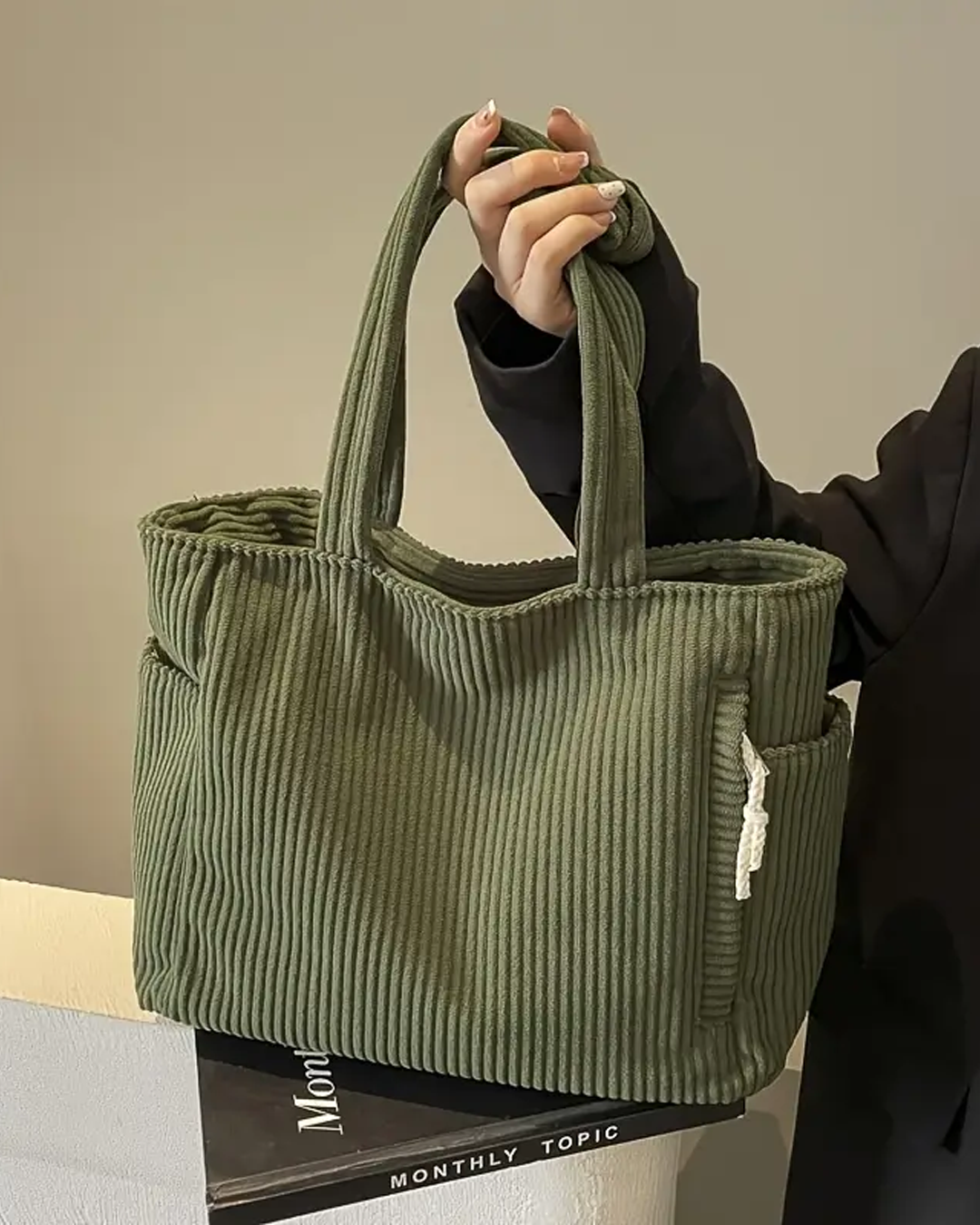 Tilda - Ribbed Tote Bag with Drawstring Detail