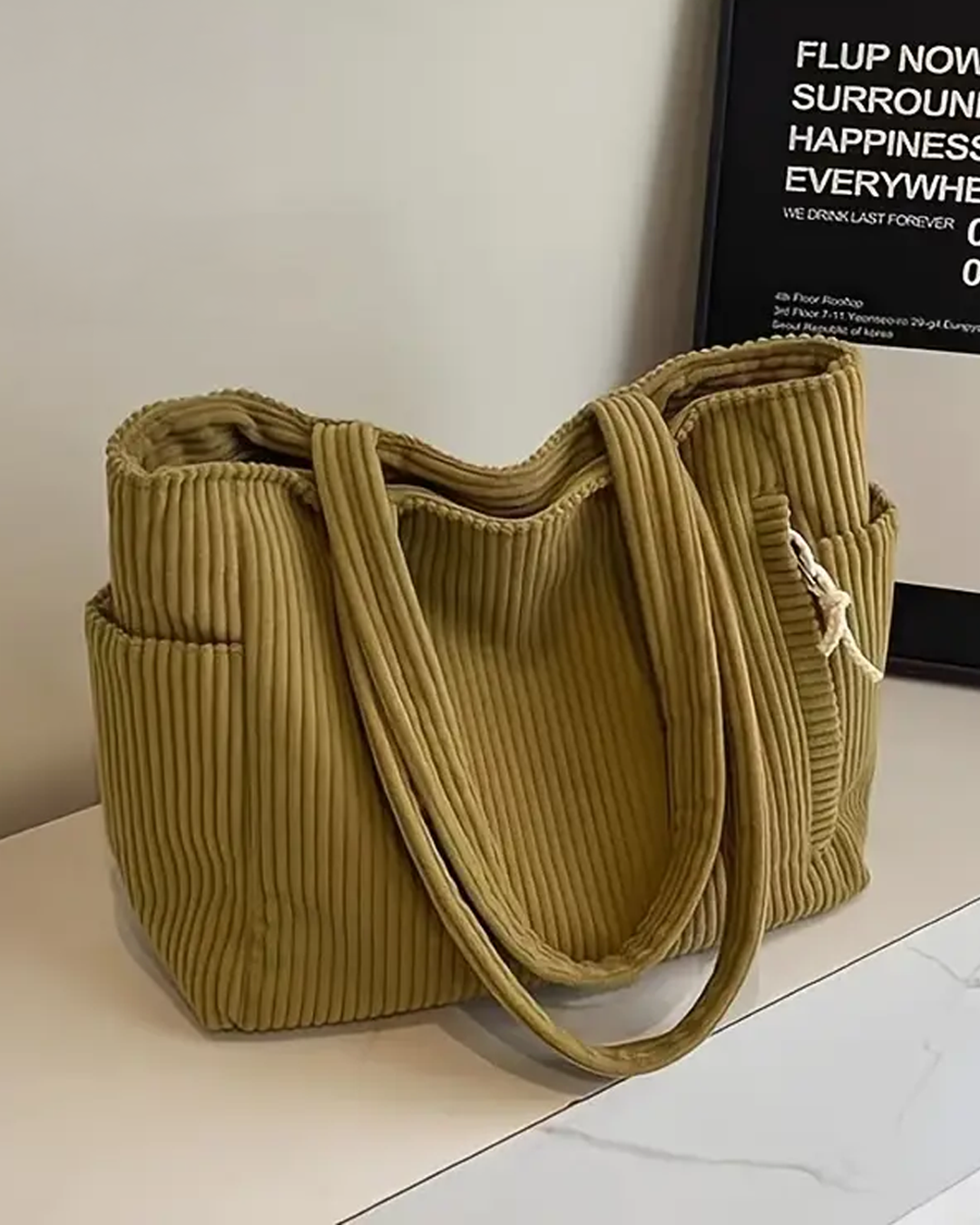 Tilda - Ribbed Tote Bag with Drawstring Detail